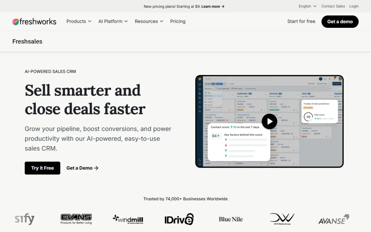 Freshsales homepage, first screen