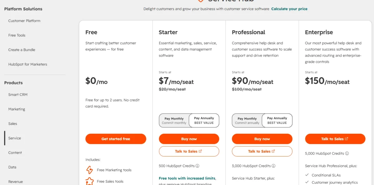 HubSpot Service Hub pricing page with Free, Starter, Professional and Enterprise plans