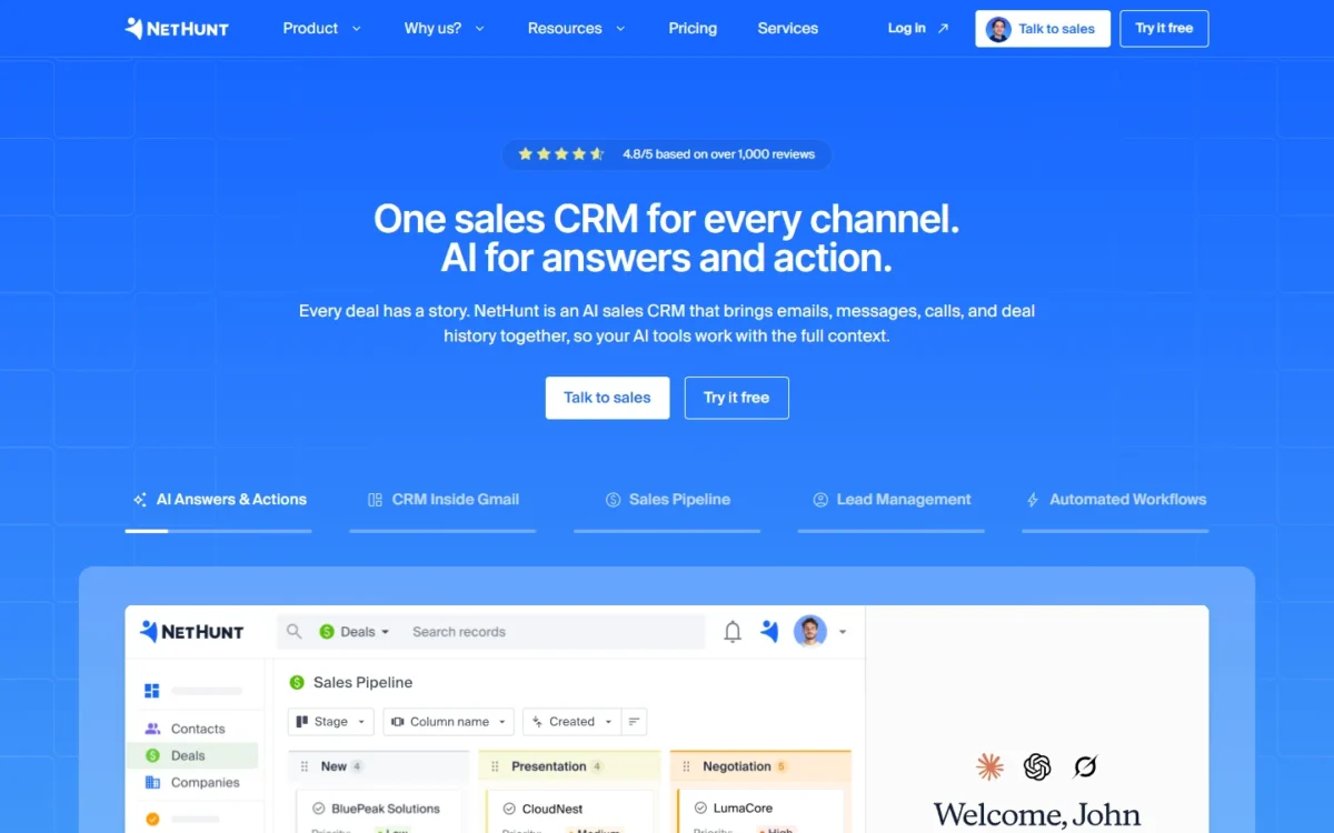 NetHunt CRM homepage, first screen