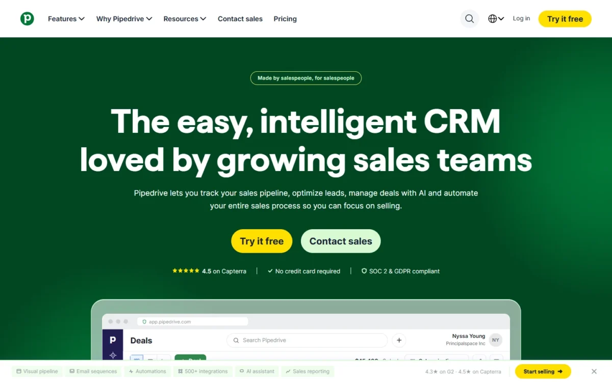 Pipedrive homepage, first screen
