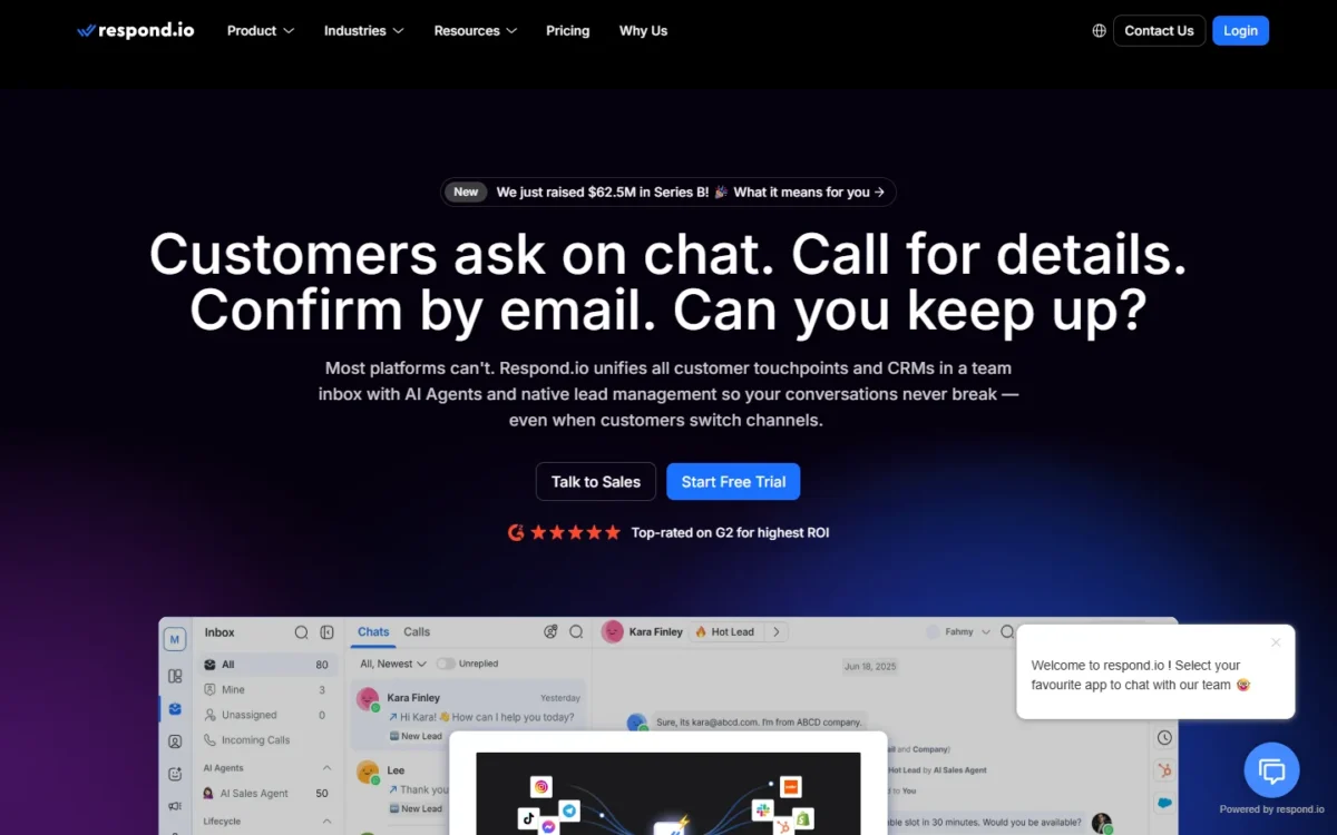 respond.io homepage, first screen