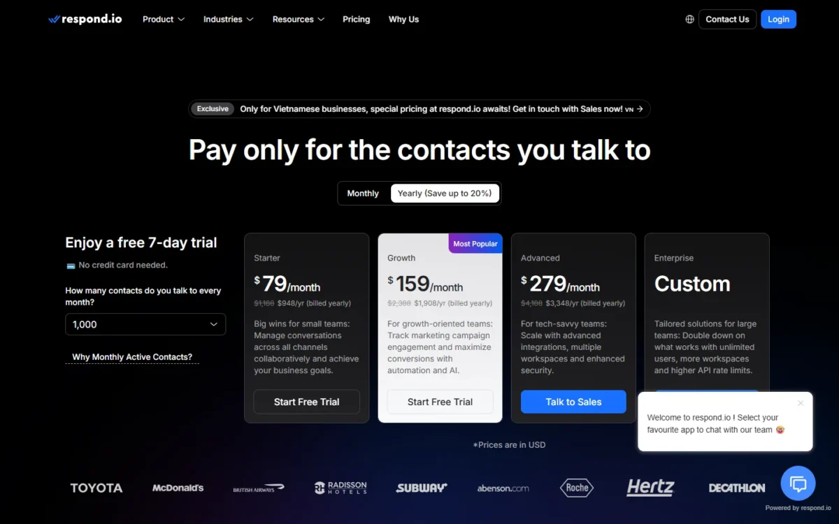 respond.io pricing page with Starter, Growth, Advanced and Enterprise plans on yearly billing