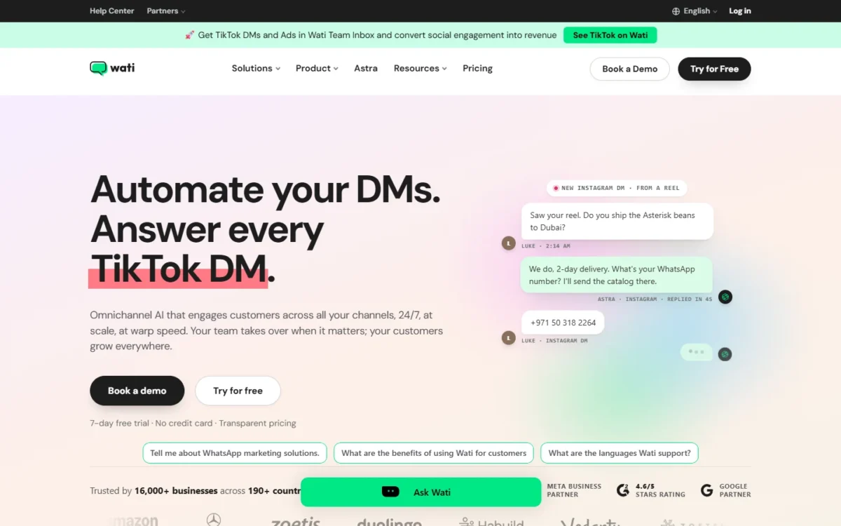 WATI homepage, first screen