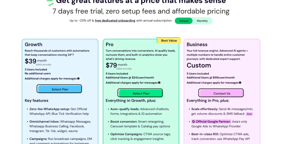 WATI pricing page with Growth, Pro and Business plans on annual billing