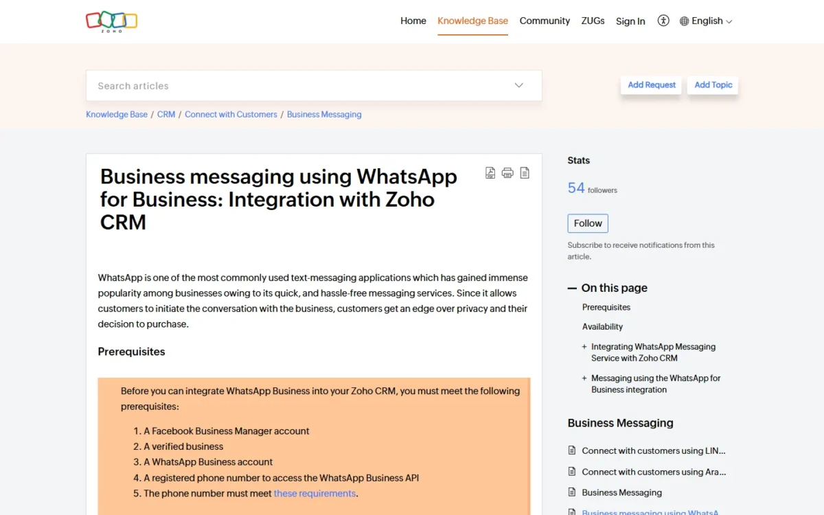 Zoho CRM help article on WhatsApp for Business integration, listing its prerequisites