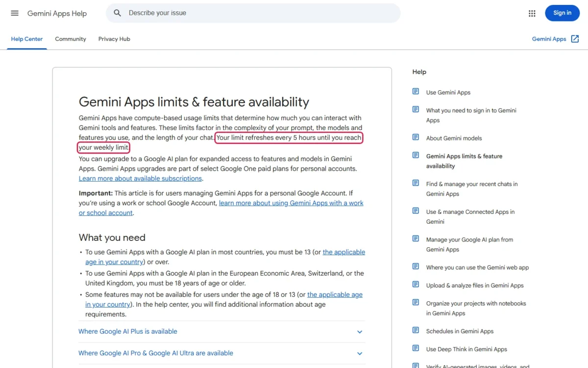 Gemini Apps limits help page with the sentence about the 5-hour refresh outlined
