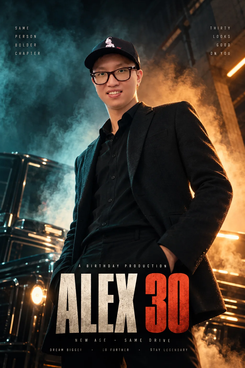 Movie-poster portrait of a man in teal and orange light, titled ALEX 30