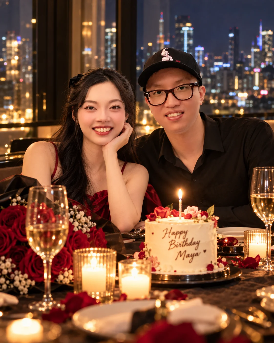 A woman and a man at a candlelit birthday dinner with roses and a cake