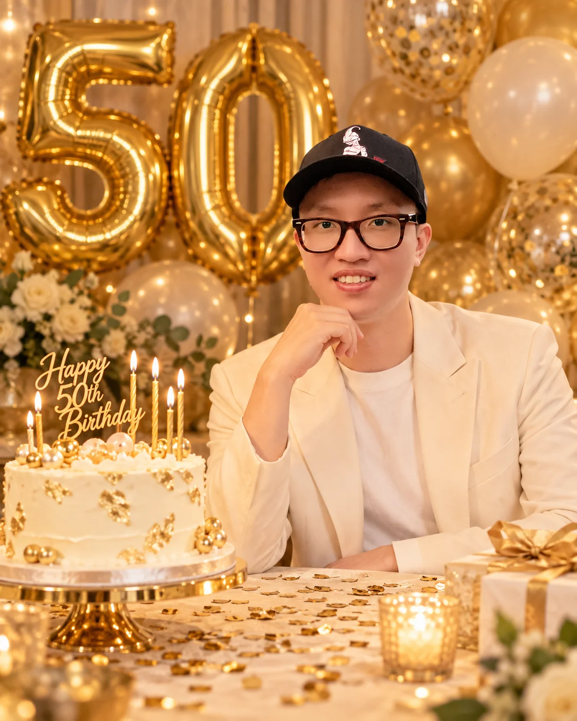 Man in an ivory jacket beside gold 50 balloons and a gold-trimmed cake
