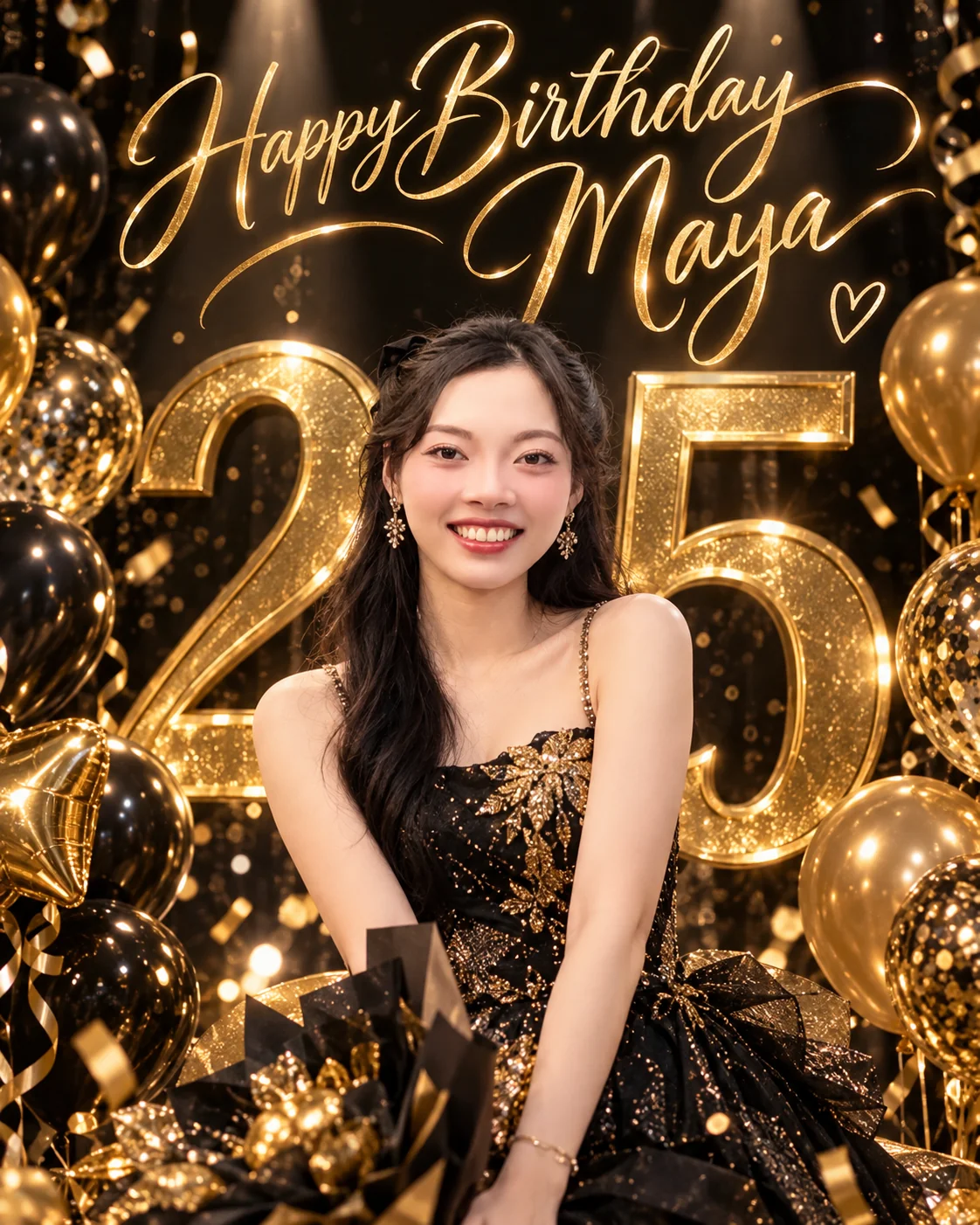 Black and gold birthday poster of a woman reading Happy Birthday Maya, 25