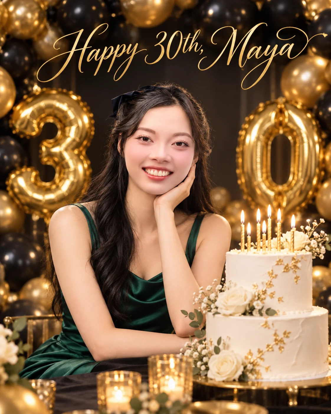 Woman in an emerald dress by a gold balloon arch, cake and 3 and 0 balloons