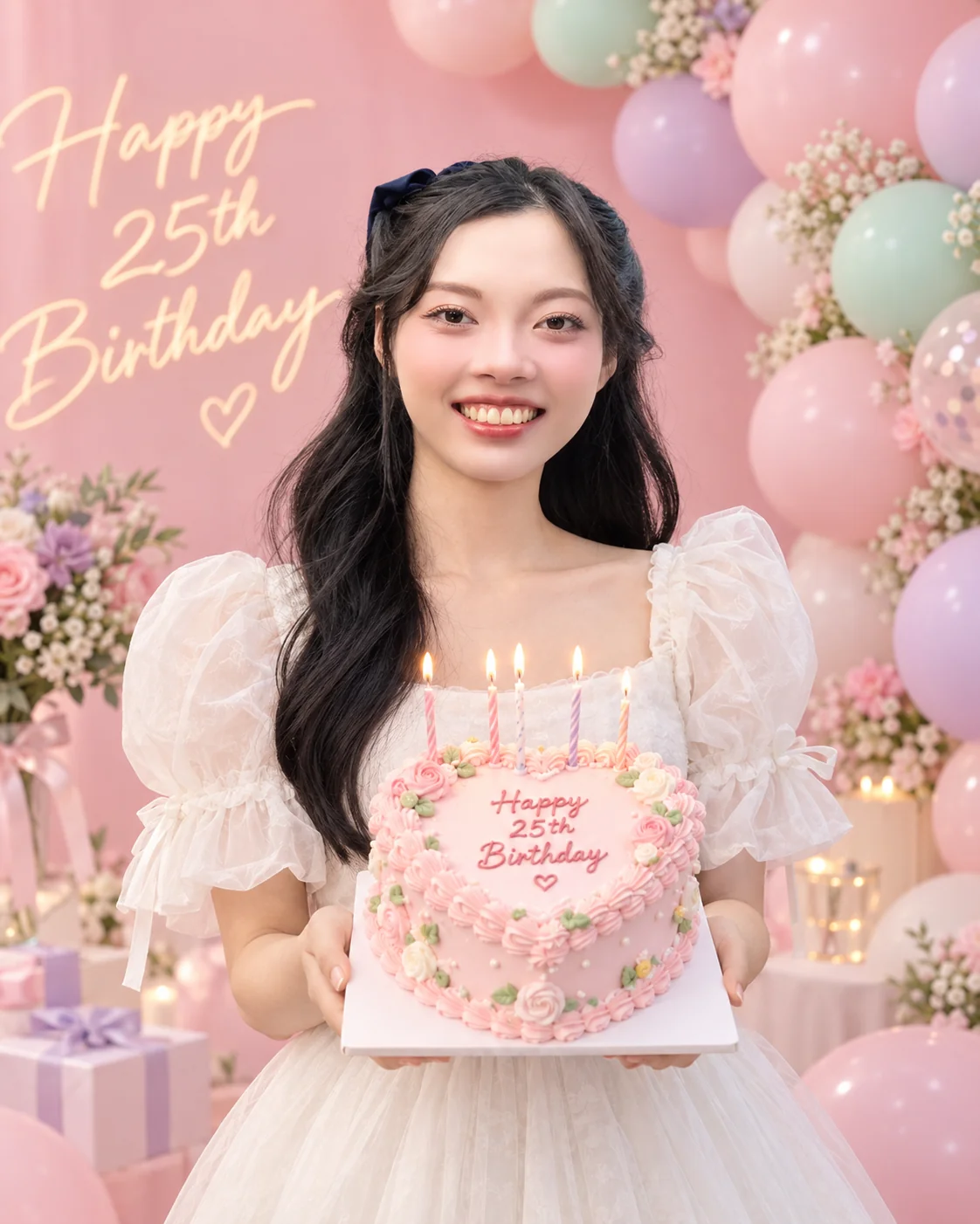 Woman in a white dress holding a heart-shaped cake among pastel balloons