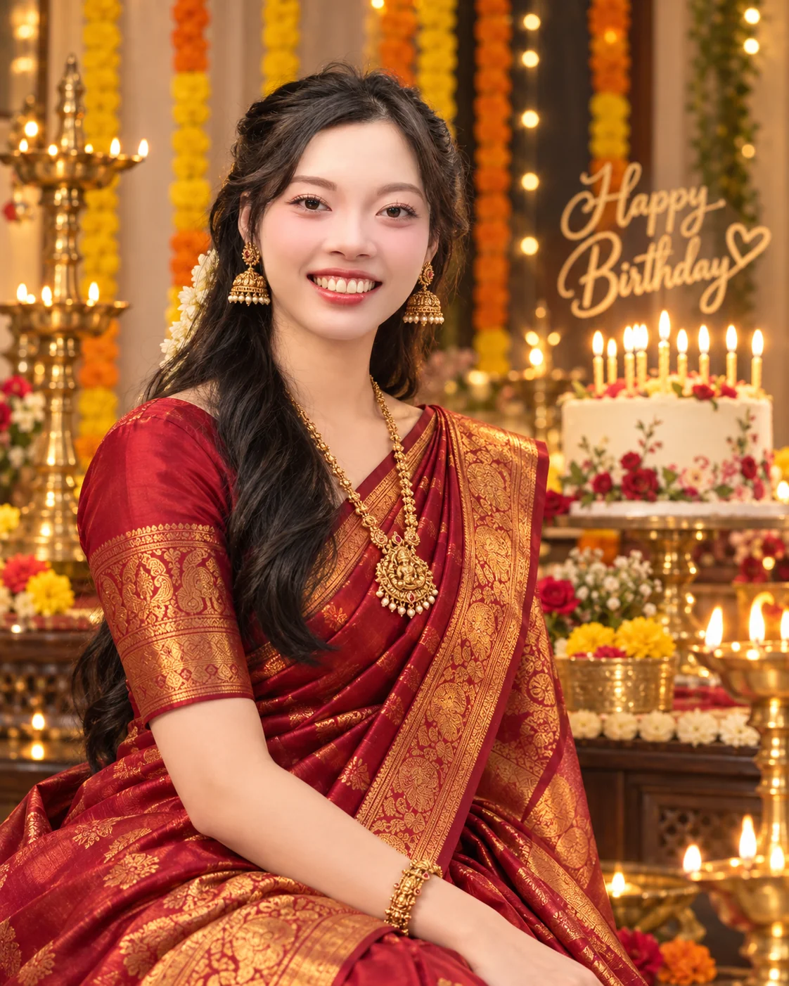 Woman in a red and gold saree beside marigolds, diyas and a birthday cake