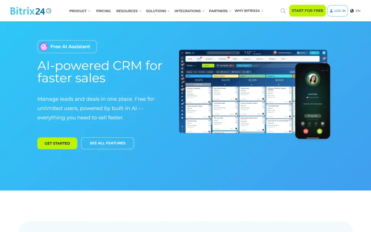Bitrix24 CRM page, first screen, headlined AI-powered CRM for faster sales