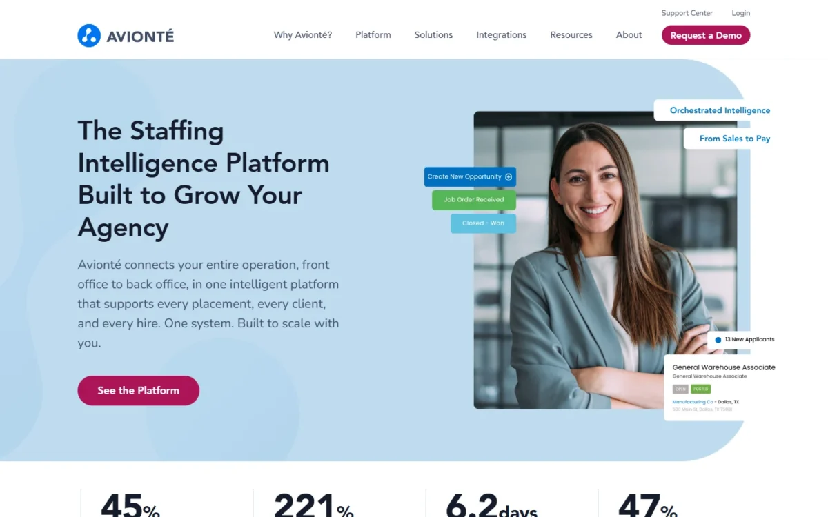 Avionté homepage, first screen