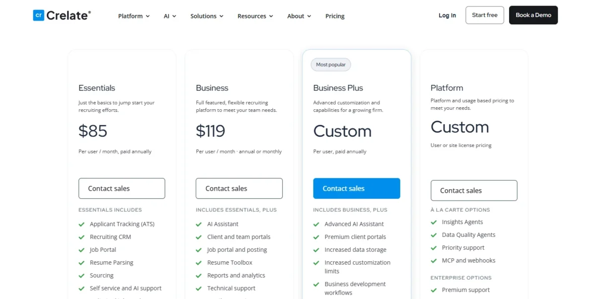 Crelate pricing page with Essentials, Business, Business Plus and Platform plan cards