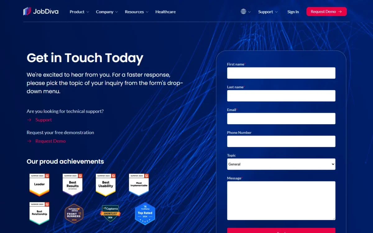 JobDiva contact page with a request form