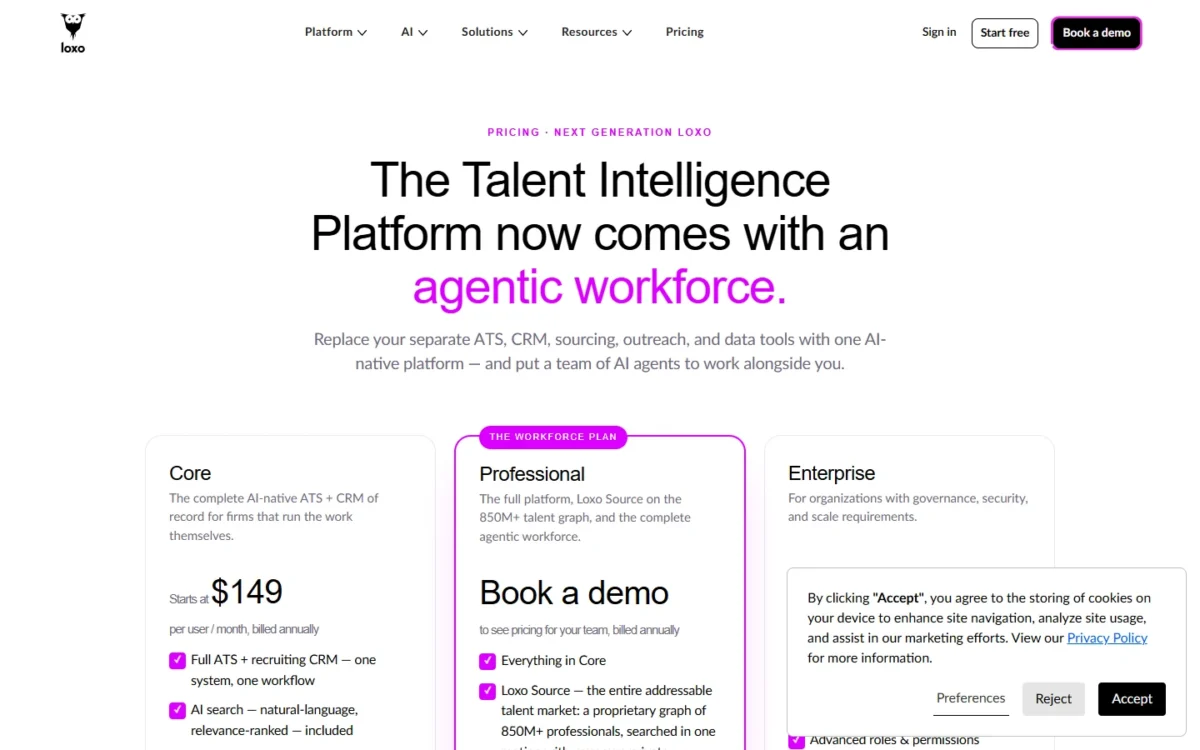 Loxo pricing page with Core, Professional and Enterprise plan cards