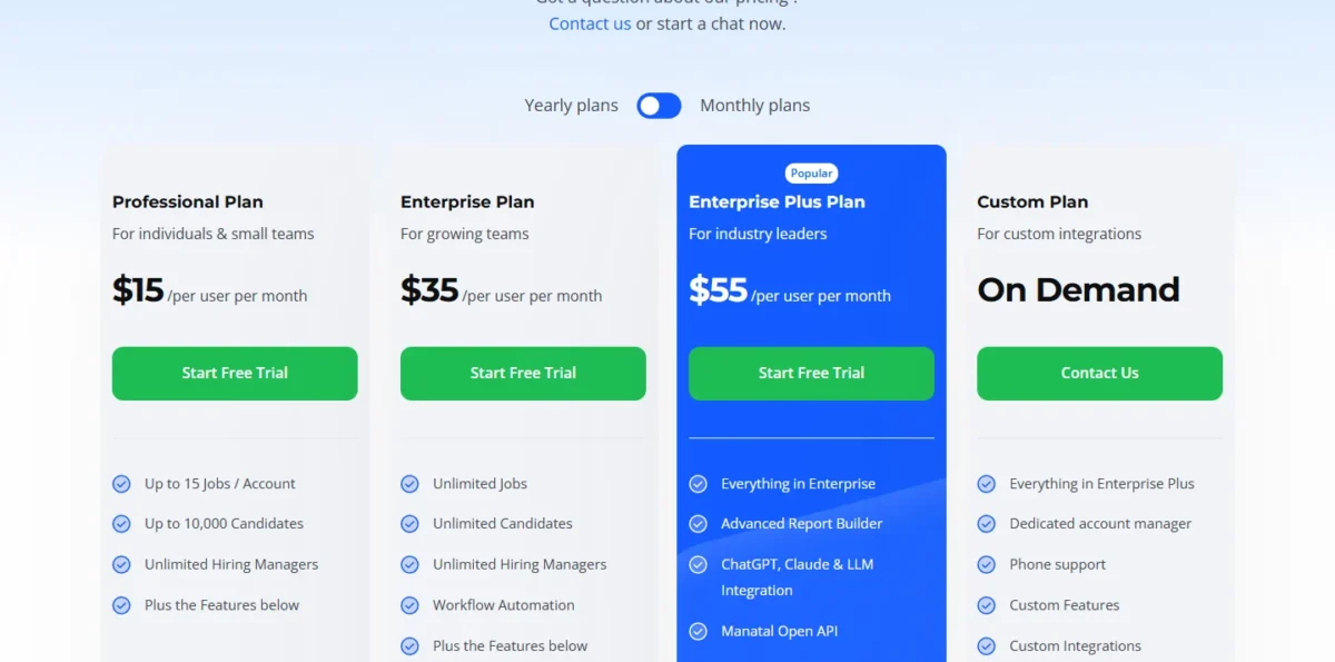 Manatal pricing page with Professional, Enterprise and Enterprise Plus plans