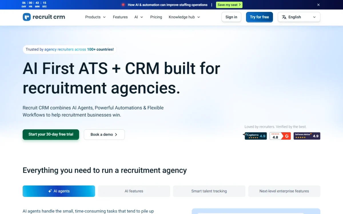Recruit CRM homepage, first screen