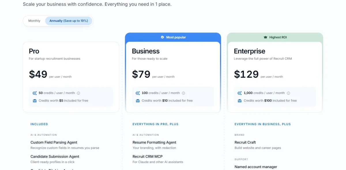 Recruit CRM pricing page with its Pro, Business and Enterprise plan cards