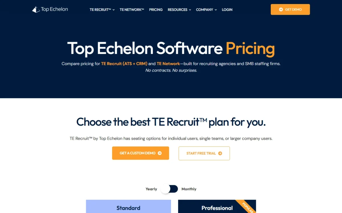 Top Echelon pricing page with its No contracts line and the Yearly and Monthly toggle