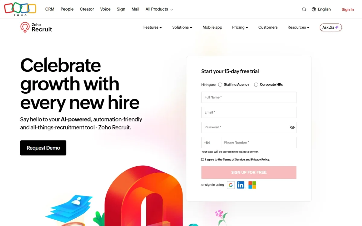 Zoho Recruit homepage, first screen