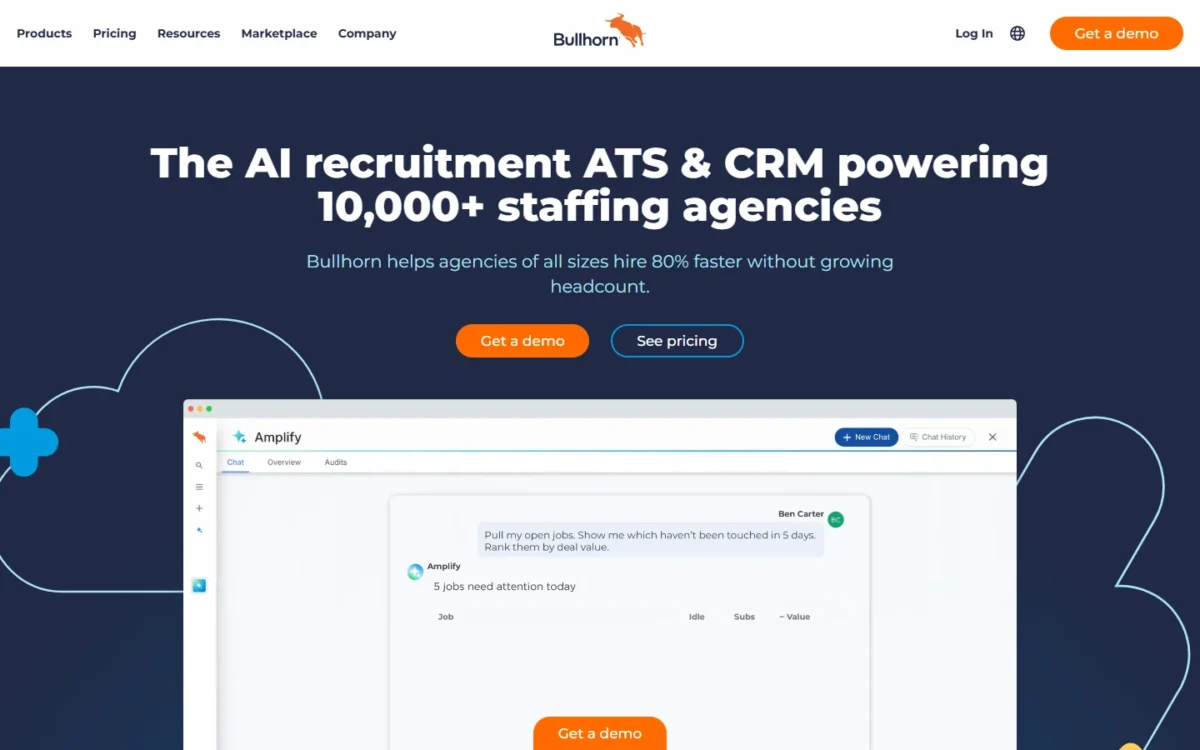 Bullhorn homepage first screen describing an AI recruitment ATS and CRM for staffing agencies