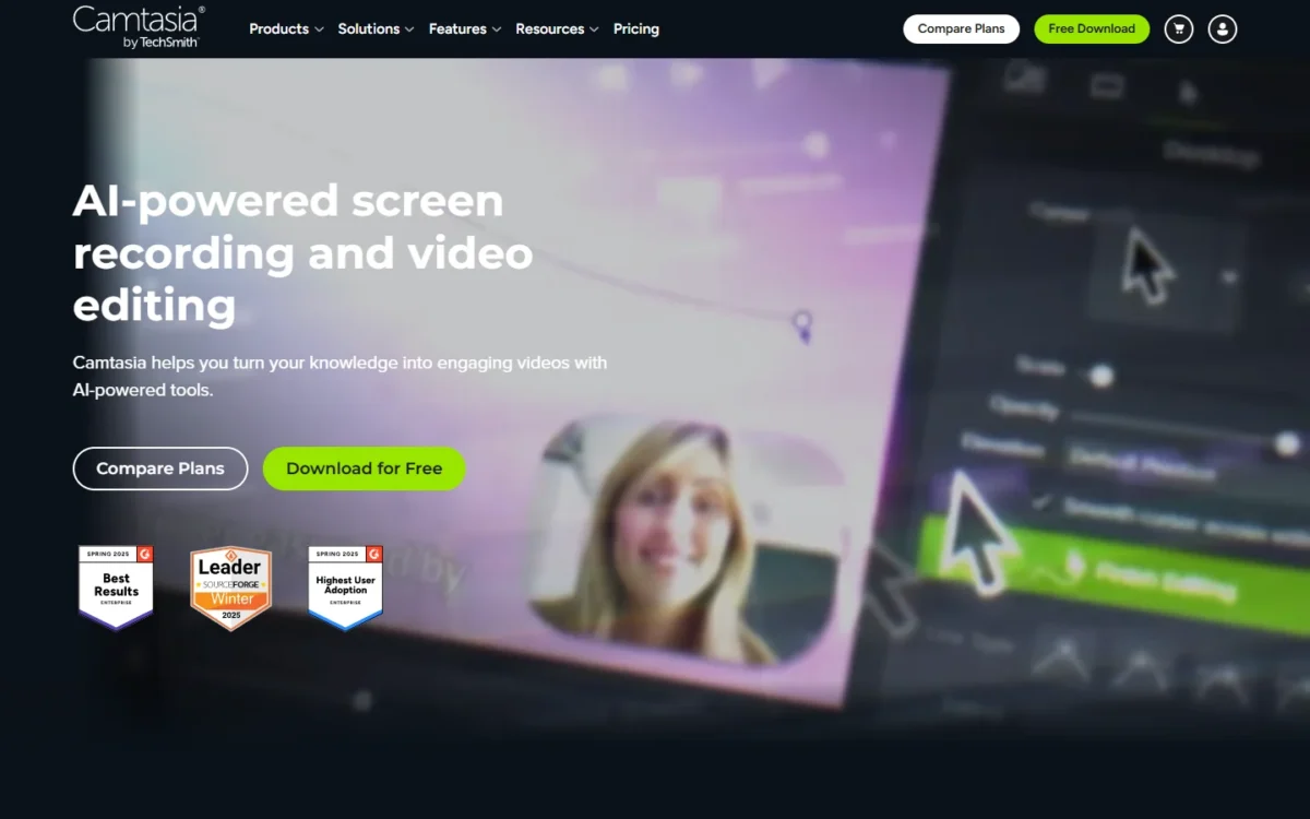 Camtasia homepage first screen with Compare Plans and Download for Free buttons