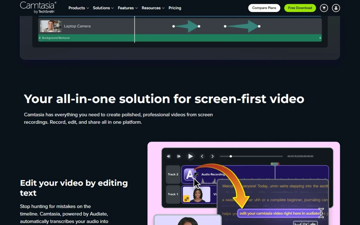 Camtasia homepage section showing a video edited by editing its transcript