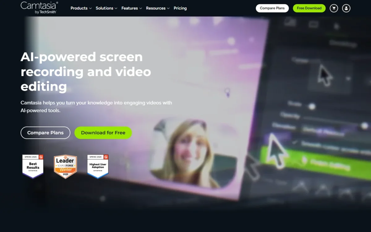 Camtasia homepage first screen with the headline AI-powered screen recording and video editing