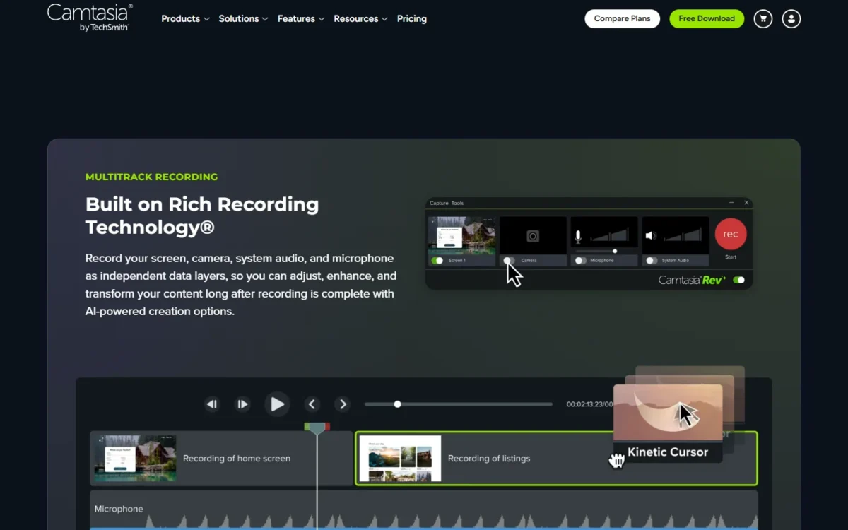 Camtasia homepage section showing a multitrack recording timeline with separate screen, camera and microphone tracks