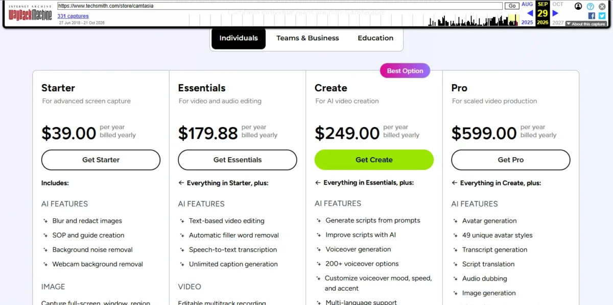 TechSmith store page for Camtasia, Individuals tab, showing Starter, Essentials, Create and Pro yearly prices in US dollars