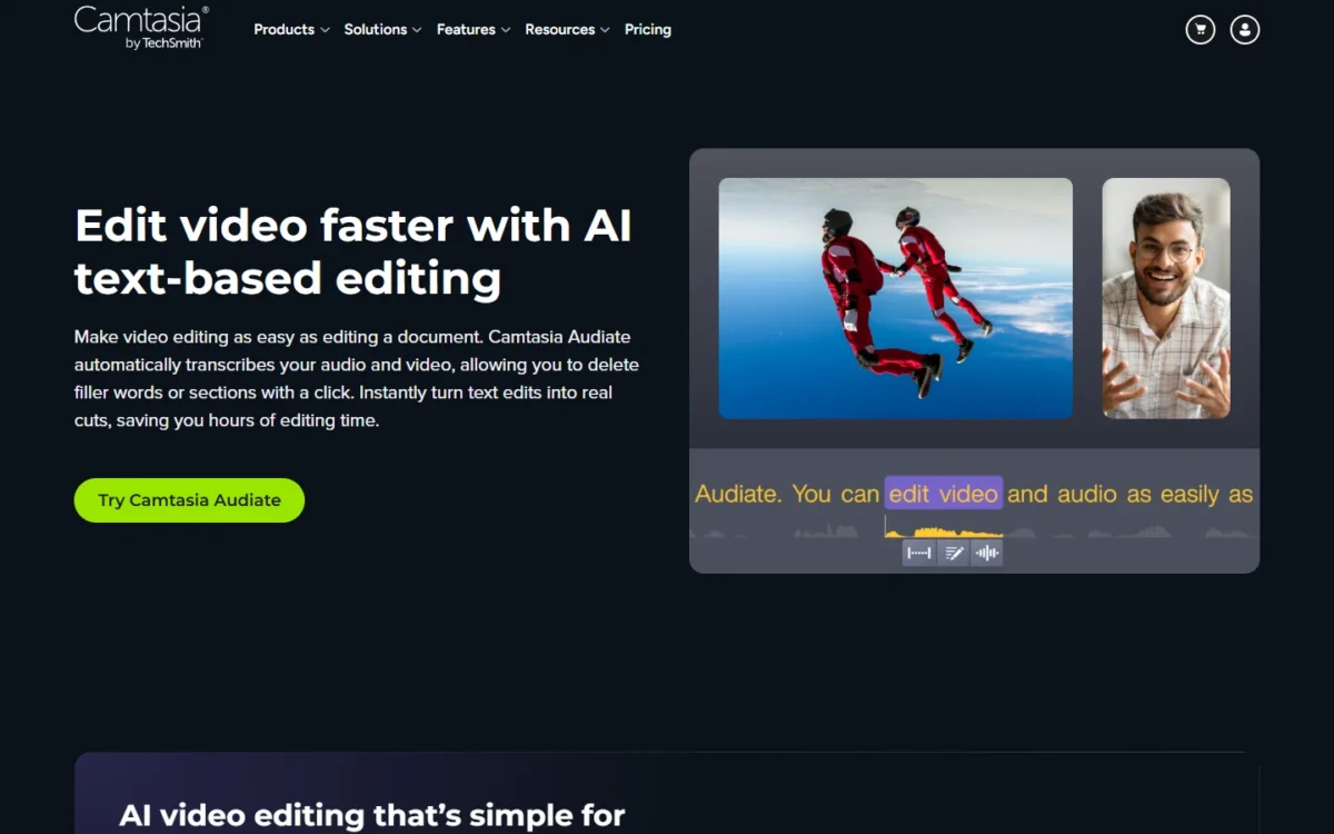 Camtasia AI text-based editing page with a transcript line above a video preview