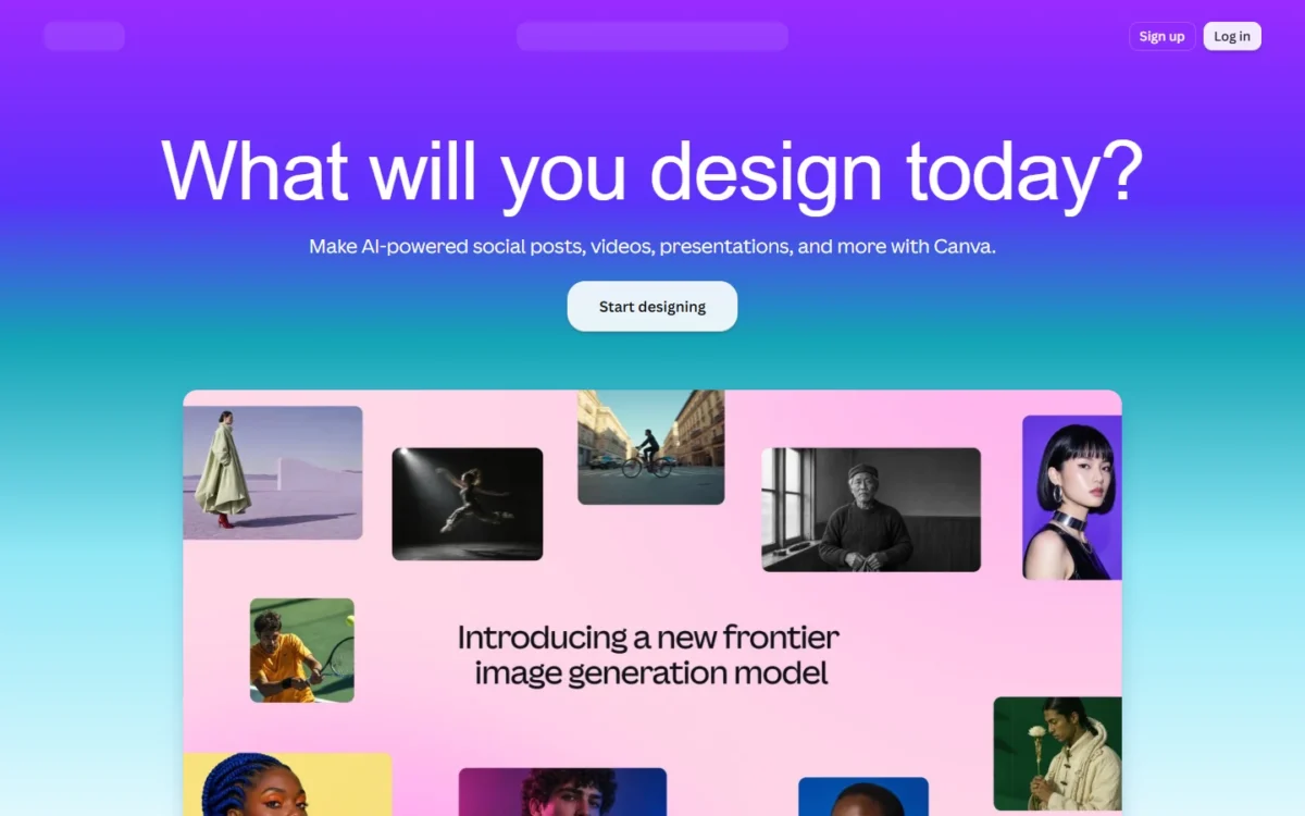 Canva homepage first screen with the headline What will you design today