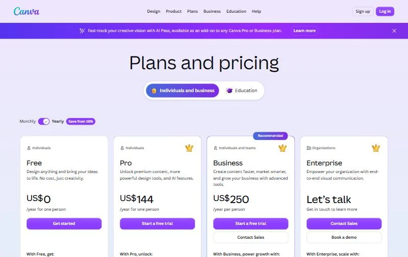 Canva pricing page