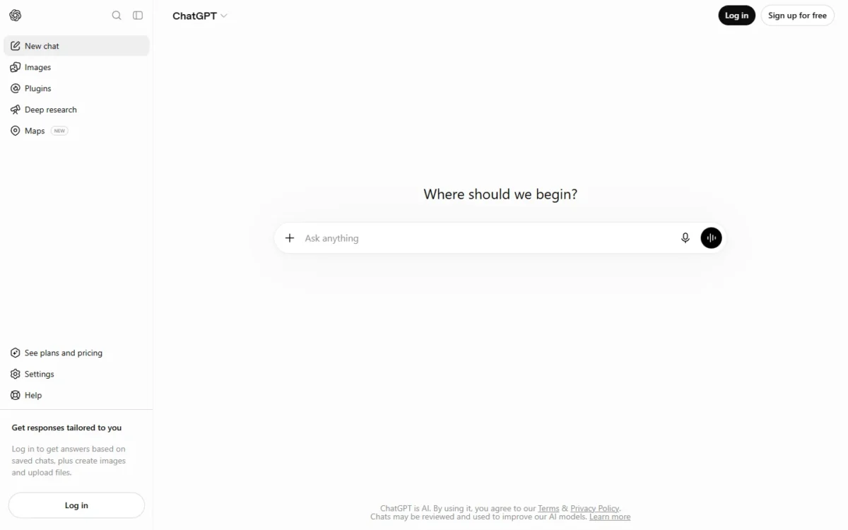 ChatGPT homepage, first screen
