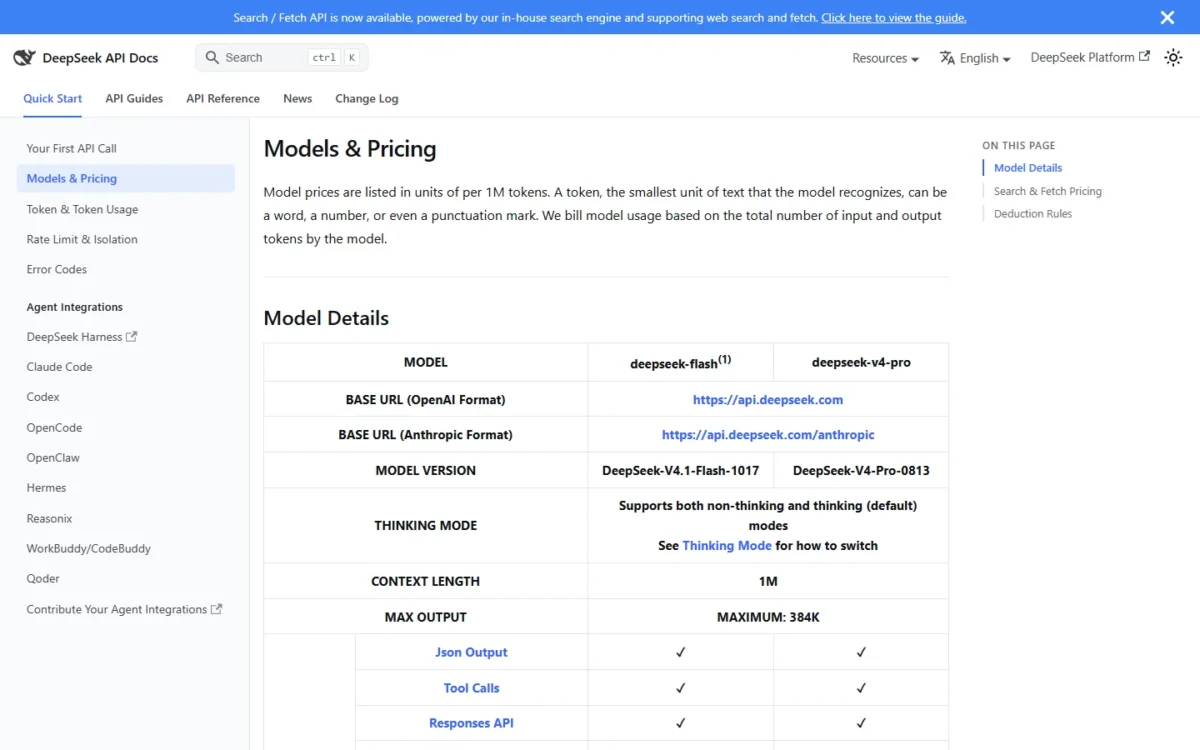 DeepSeek API docs Models and Pricing page with the model details table