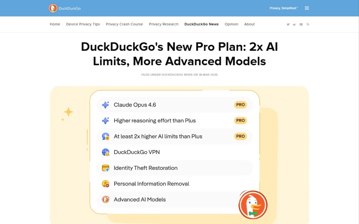 DuckDuckGo blog post announcing the Pro plan and its features
