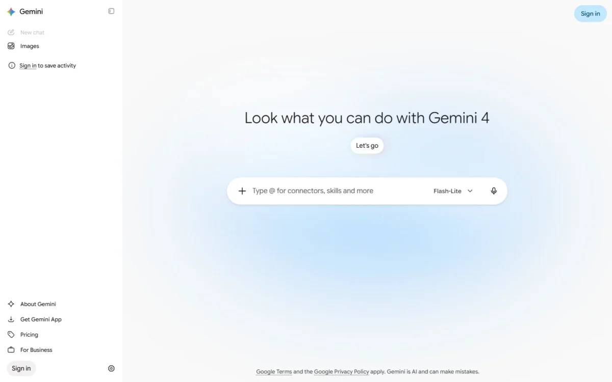 Google Gemini homepage, first screen