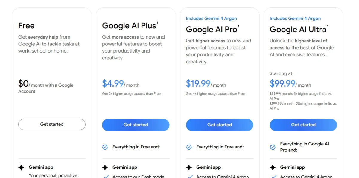 Google AI plans page with Free, AI Plus, AI Pro and AI Ultra