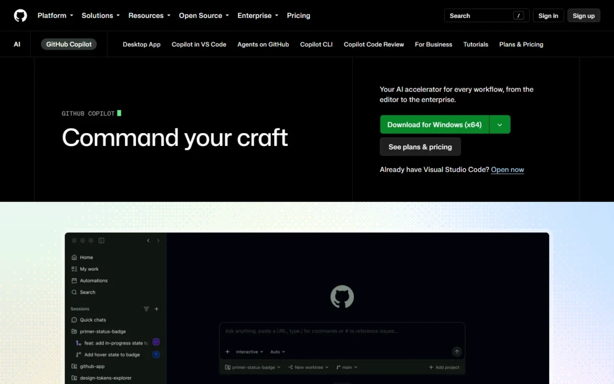 GitHub Copilot homepage, first screen