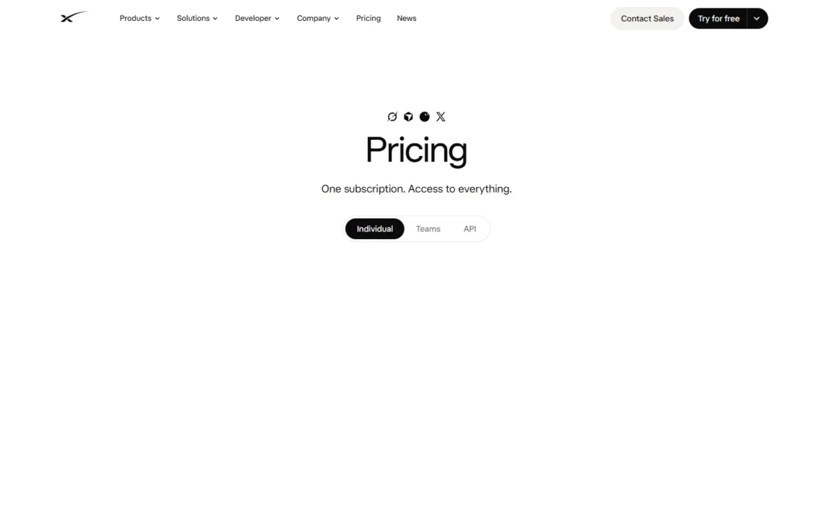 Grok pricing page, first screen