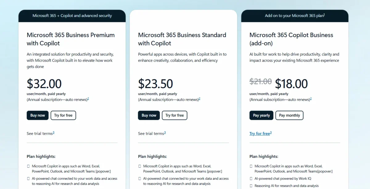 Microsoft 365 Copilot pricing page with the Business Premium, Business Standard and Copilot Business add-on plans