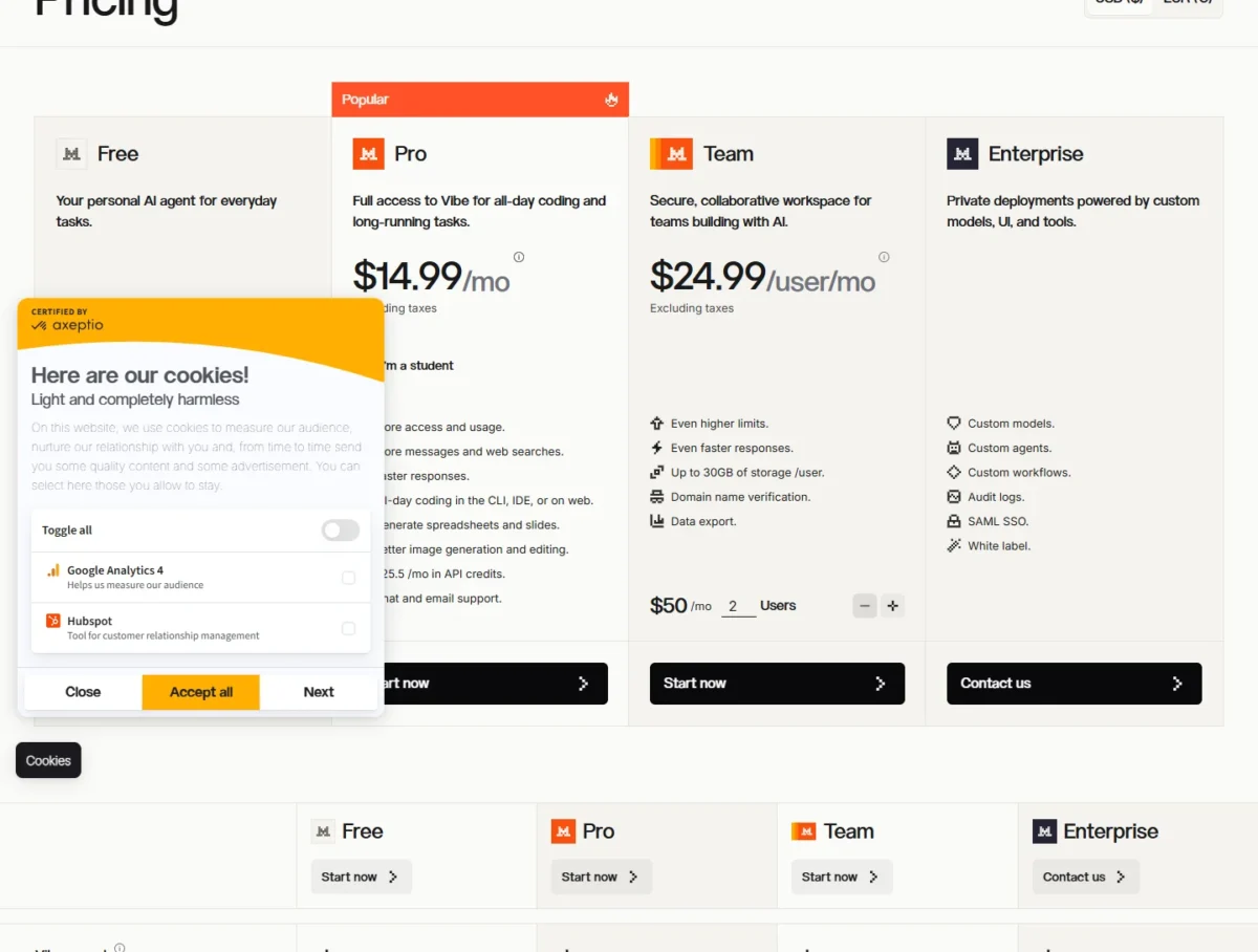 Mistral pricing page with the Free, Pro, Team and Enterprise plans