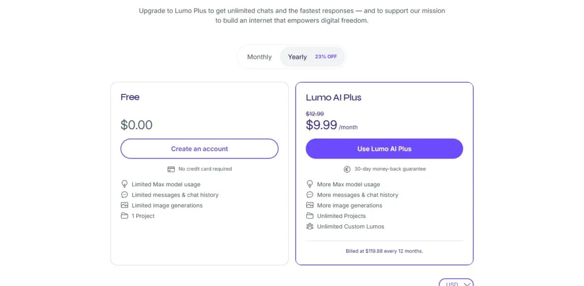 Proton Lumo page with the Free and Lumo Plus plans, yearly billing selected