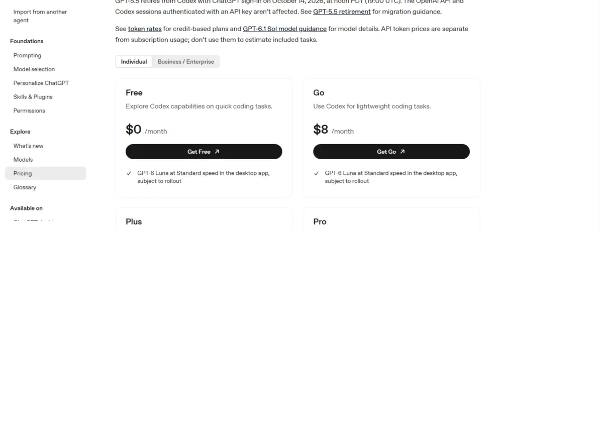 ChatGPT pricing page on learn.chatgpt.com showing Free at $0 and Go at $8 per month