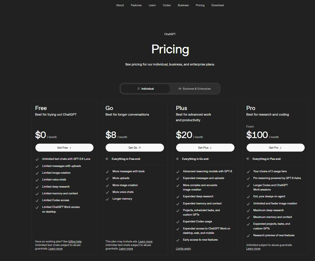 ChatGPT pricing page seen from the US, with the Free, Go, Plus and Pro plan cards