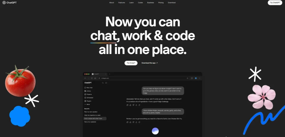 ChatGPT homepage first screen with the headline Now you can chat, work & code all in one place