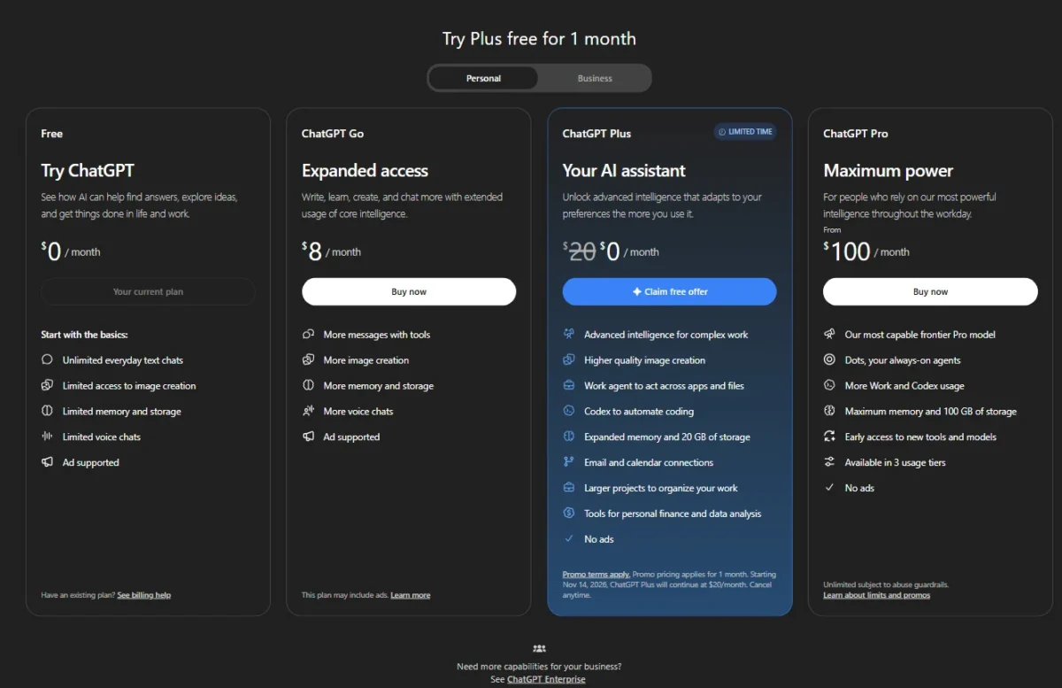 ChatGPT pricing page showing the individual Free, Go, Plus and Pro plans, with ChatGPT Pro from $100 a month
